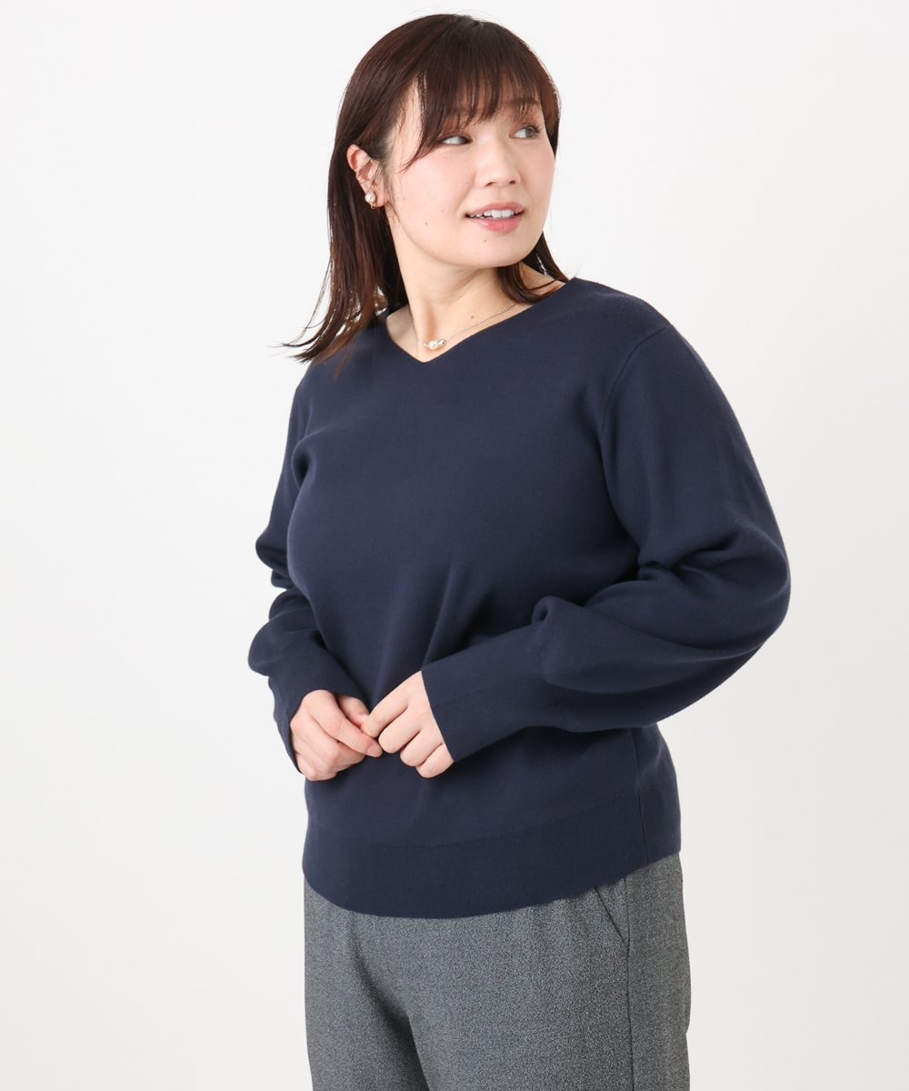 OLFLA03054 eur3(エウルキューブ) 【大きいサイズ/新色追加】Vネックパフスリーブニット ネイビー(57)