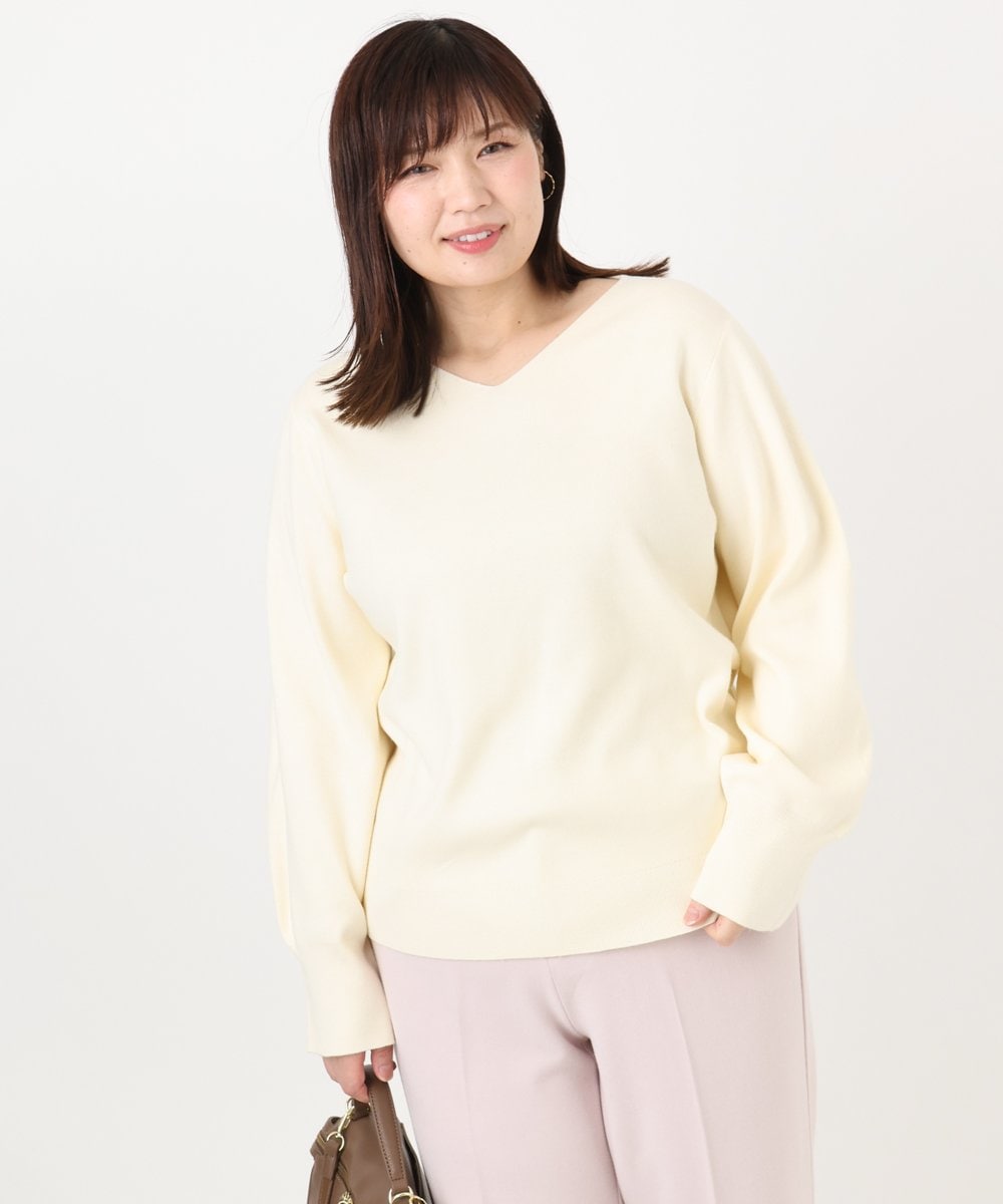 OLFLA03054 eur3(エウルキューブ) 【大きいサイズ/新色追加】Vネックパフスリーブニット アイボリー(80)