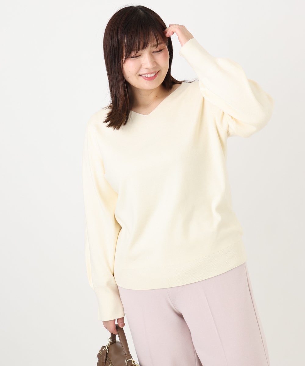 OLFLA03054 eur3(エウルキューブ) 【大きいサイズ/新色追加】Vネックパフスリーブニット アイボリー(80)