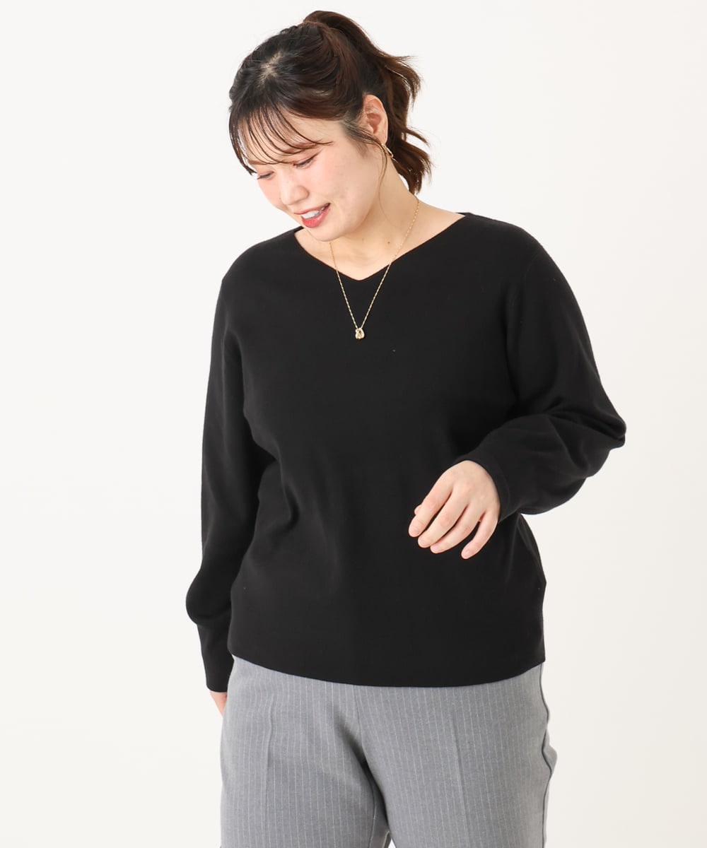 OLFLA03054 eur3(エウルキューブ) 【WEB先行販売】【大きいサイズ】Vネックパフスリーブニット ブラック(94)
