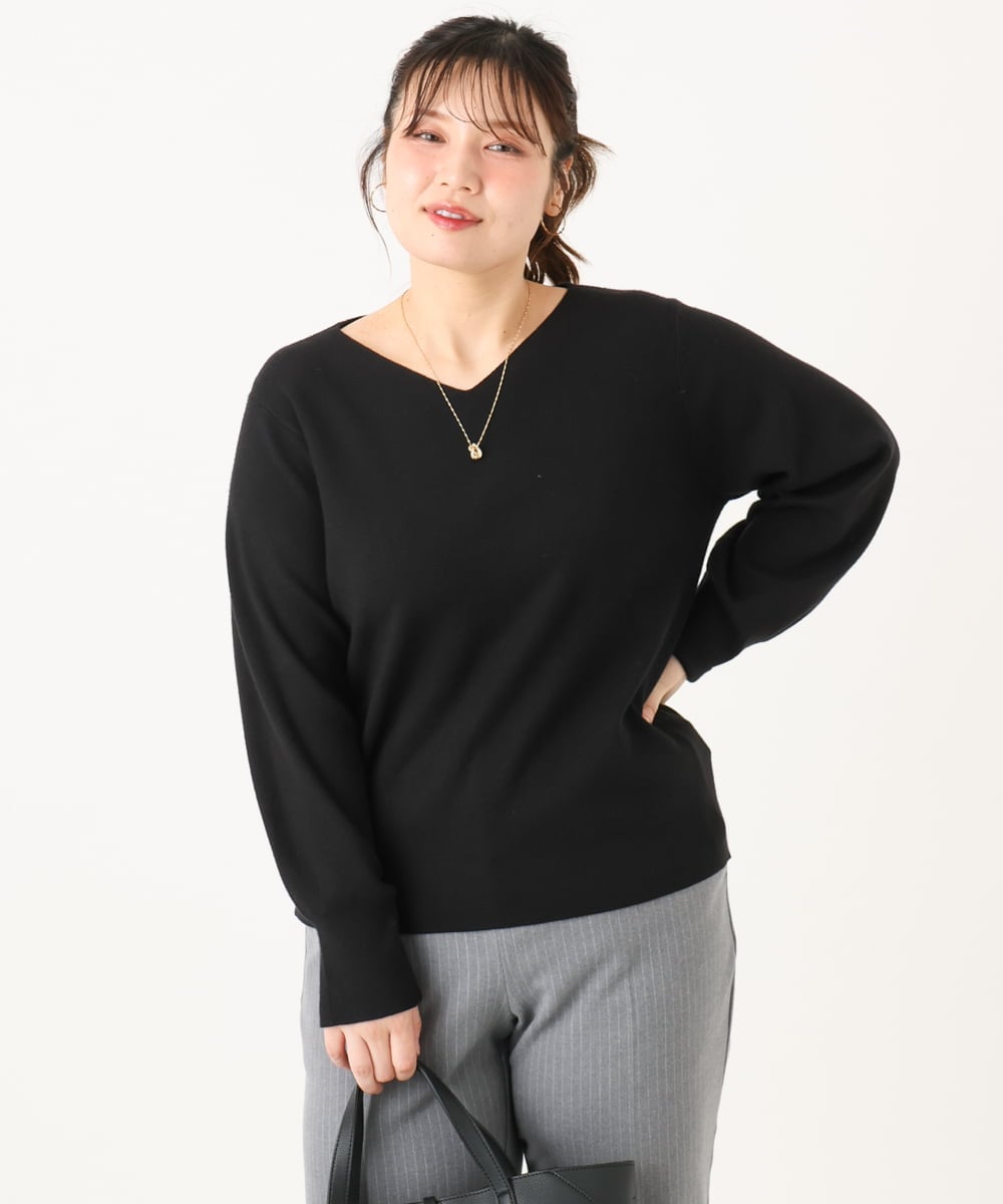 OLFLA03054 eur3(エウルキューブ) 【WEB先行販売】【大きいサイズ】Vネックパフスリーブニット ブラック(94)