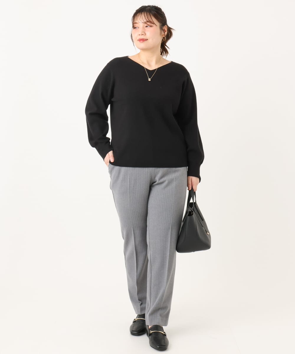 OLFLA03054 eur3(エウルキューブ) 【WEB先行販売】【大きいサイズ】Vネックパフスリーブニット ブラック(94)
