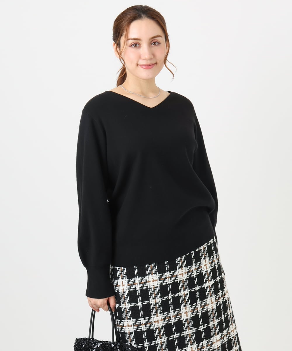 OLFLA03054 eur3(エウルキューブ) 【大きいサイズ/新色追加】Vネックパフスリーブニット ブラック(94)