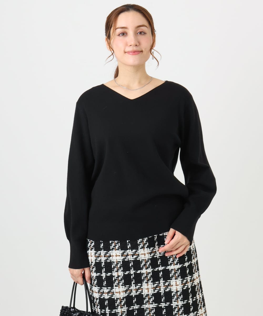 OLFLA03054 eur3(エウルキューブ) 【大きいサイズ/新色追加】Vネックパフスリーブニット ブラック(94)