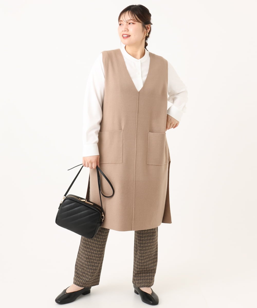 OLFLA06089 eur3(エウルキューブ) 【大きいサイズ】Vネックロングニットベスト グレージュ(89)