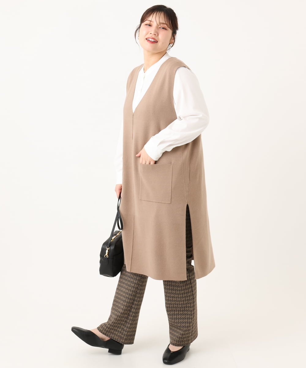 OLFLA06089 eur3(エウルキューブ) 【大きいサイズ】Vネックロングニットベスト グレージュ(89)