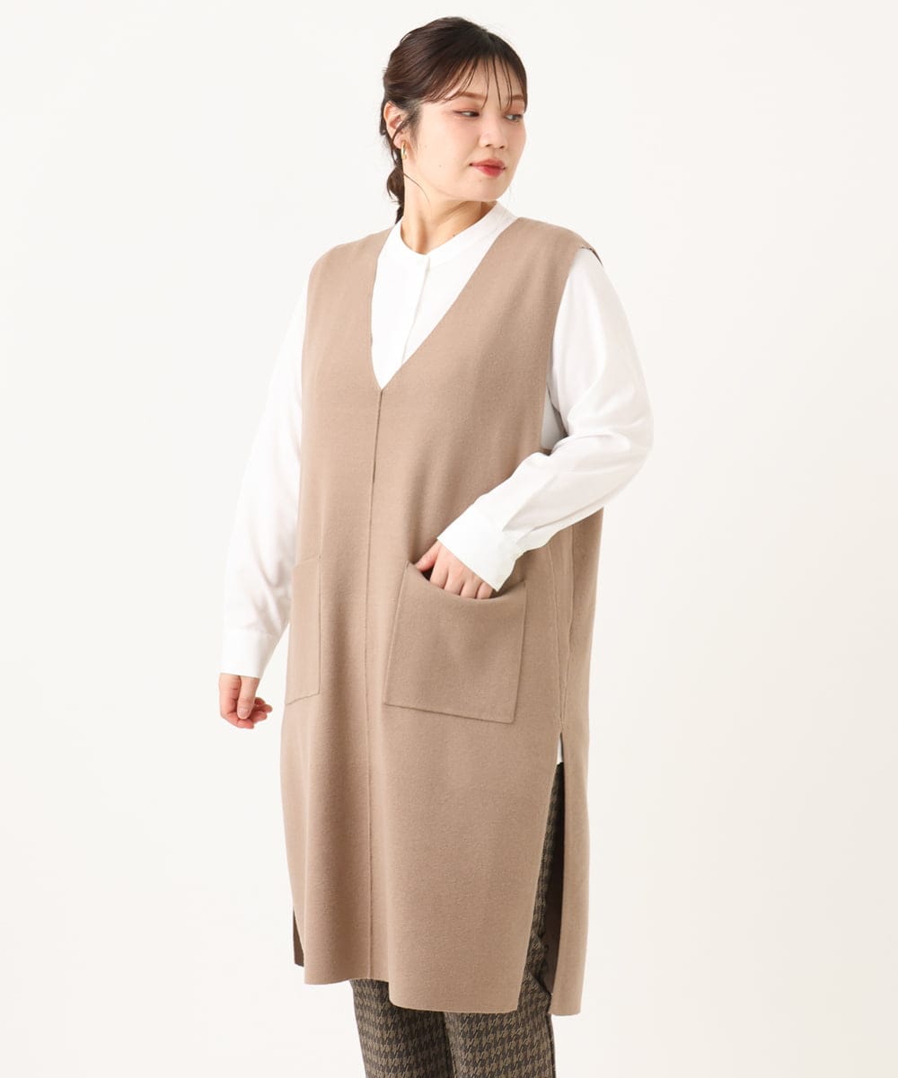 OLFLA06089 eur3(エウルキューブ) 【大きいサイズ】Vネックロングニットベスト グレージュ(89)