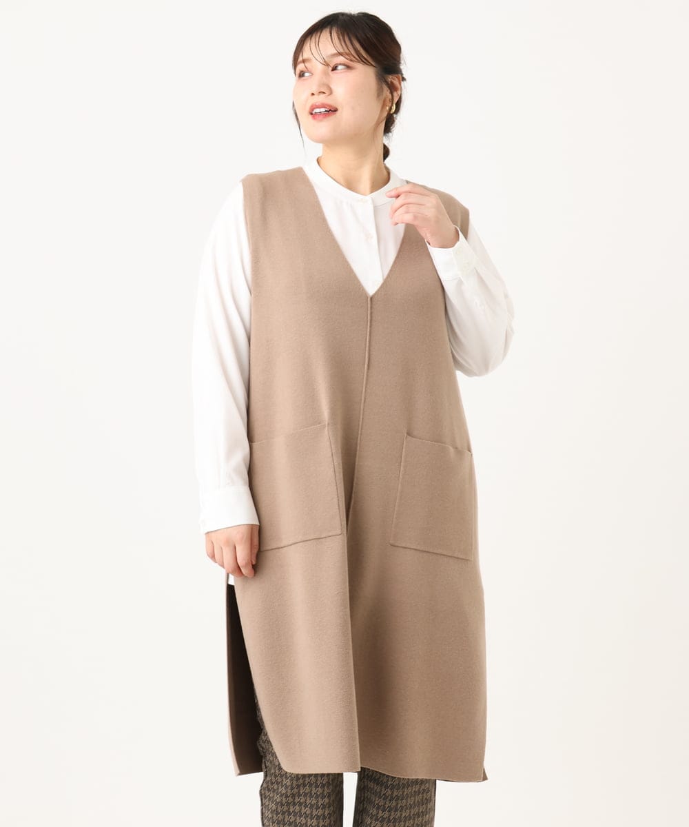 OLFLA06089 eur3(エウルキューブ) 【大きいサイズ】Vネックロングニットベスト グレージュ(89)
