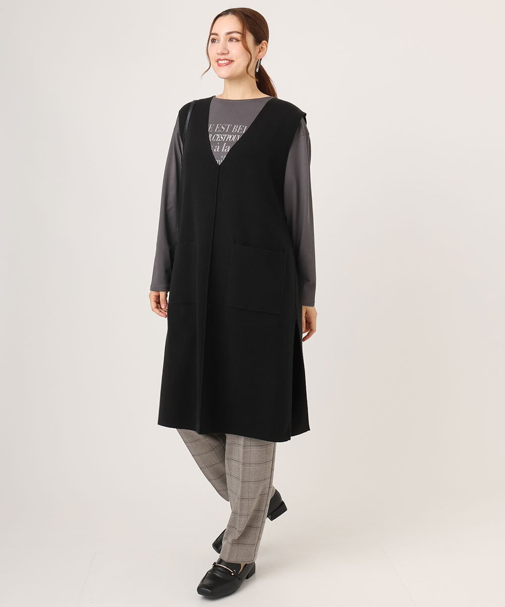 OLFLA06089 eur3(エウルキューブ) 【大きいサイズ】Vネックロングニットベスト ブラック(94)