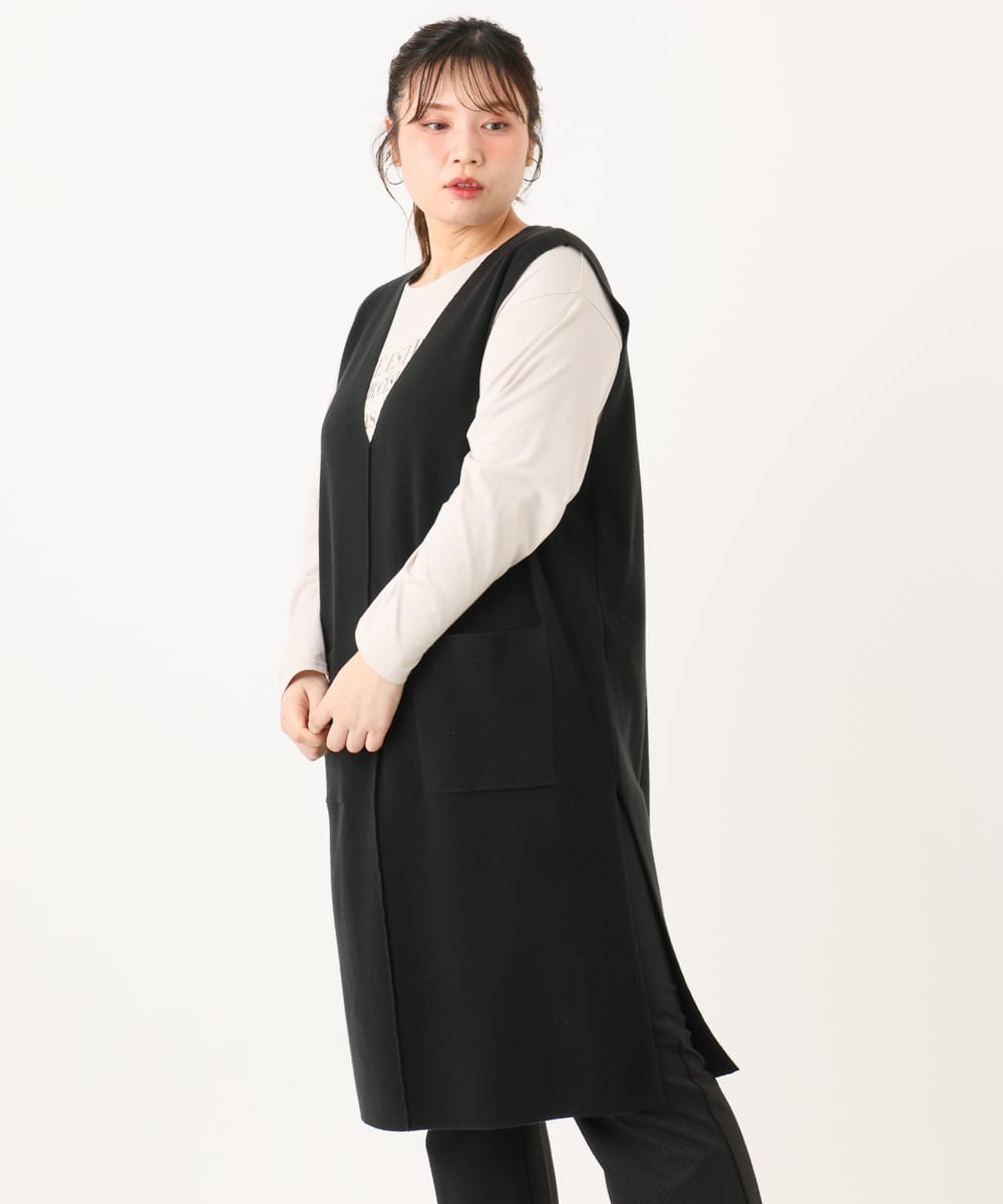 OLFLA06089 eur3(エウルキューブ) 【大きいサイズ】Vネックロングニットベスト ブラック(94)