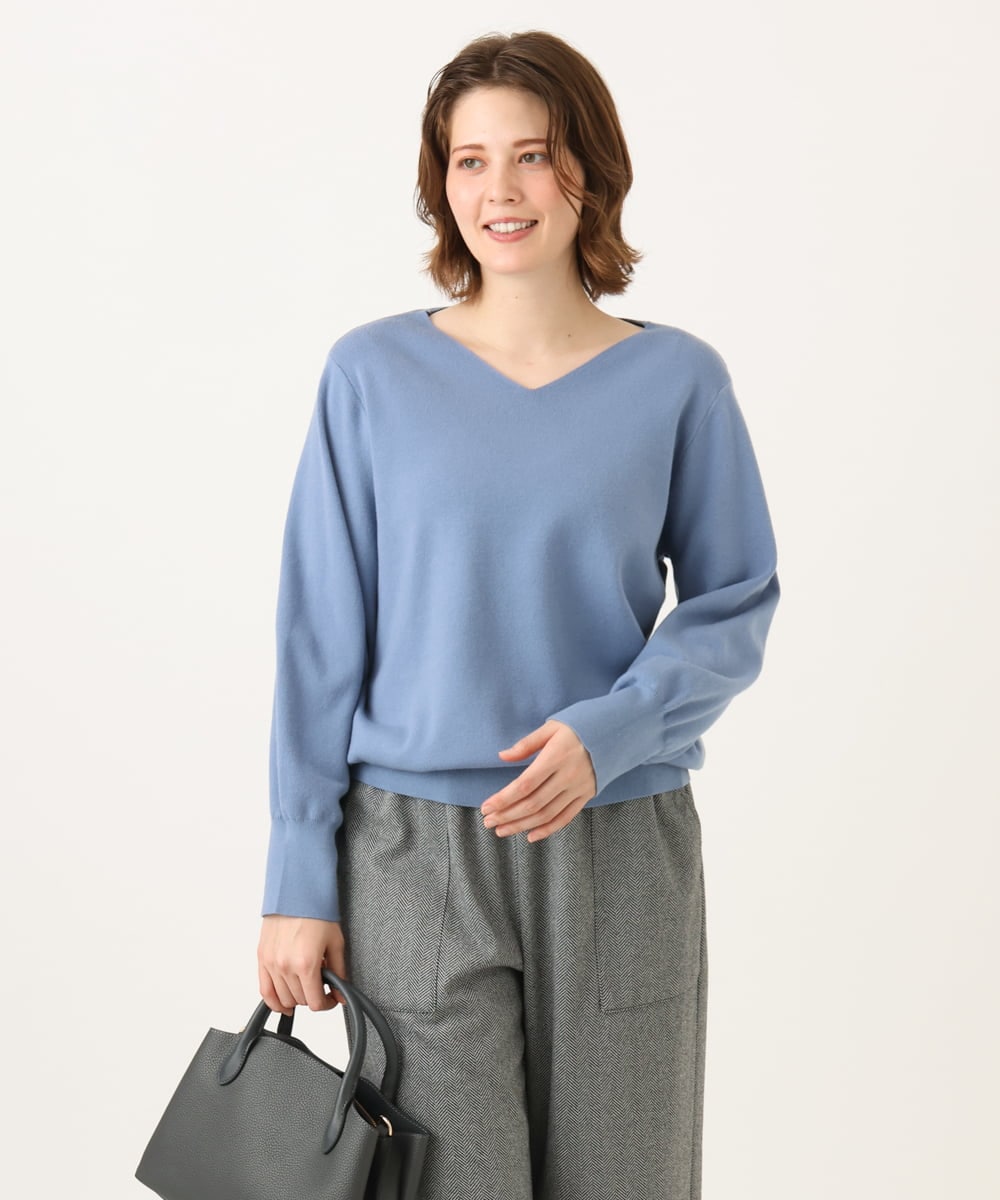 OLFLD02054 eur3(エウルキューブ) 【WEB先行販売】【大きいサイズ】パフスリーブVネックニット ライトブルー