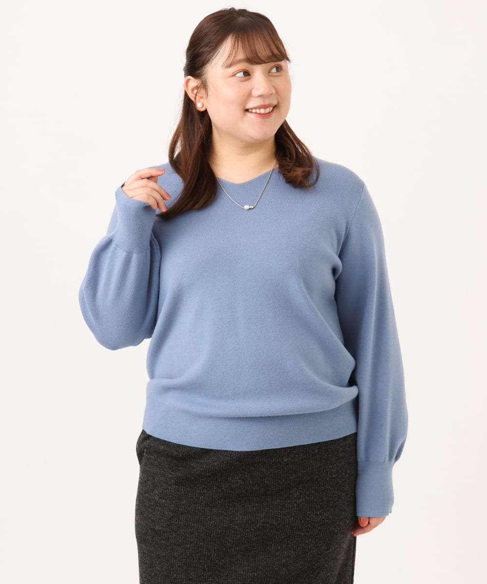 OLFLD02054 eur3(エウルキューブ) 【WEB先行販売】【大きいサイズ】パフスリーブVネックニット ライトブルー