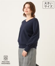 OLFLD02054 eur3(エウルキューブ) 【WEB先行販売】【大きいサイズ】パフスリーブVネックニット ネイビー(WEB限定カラー）