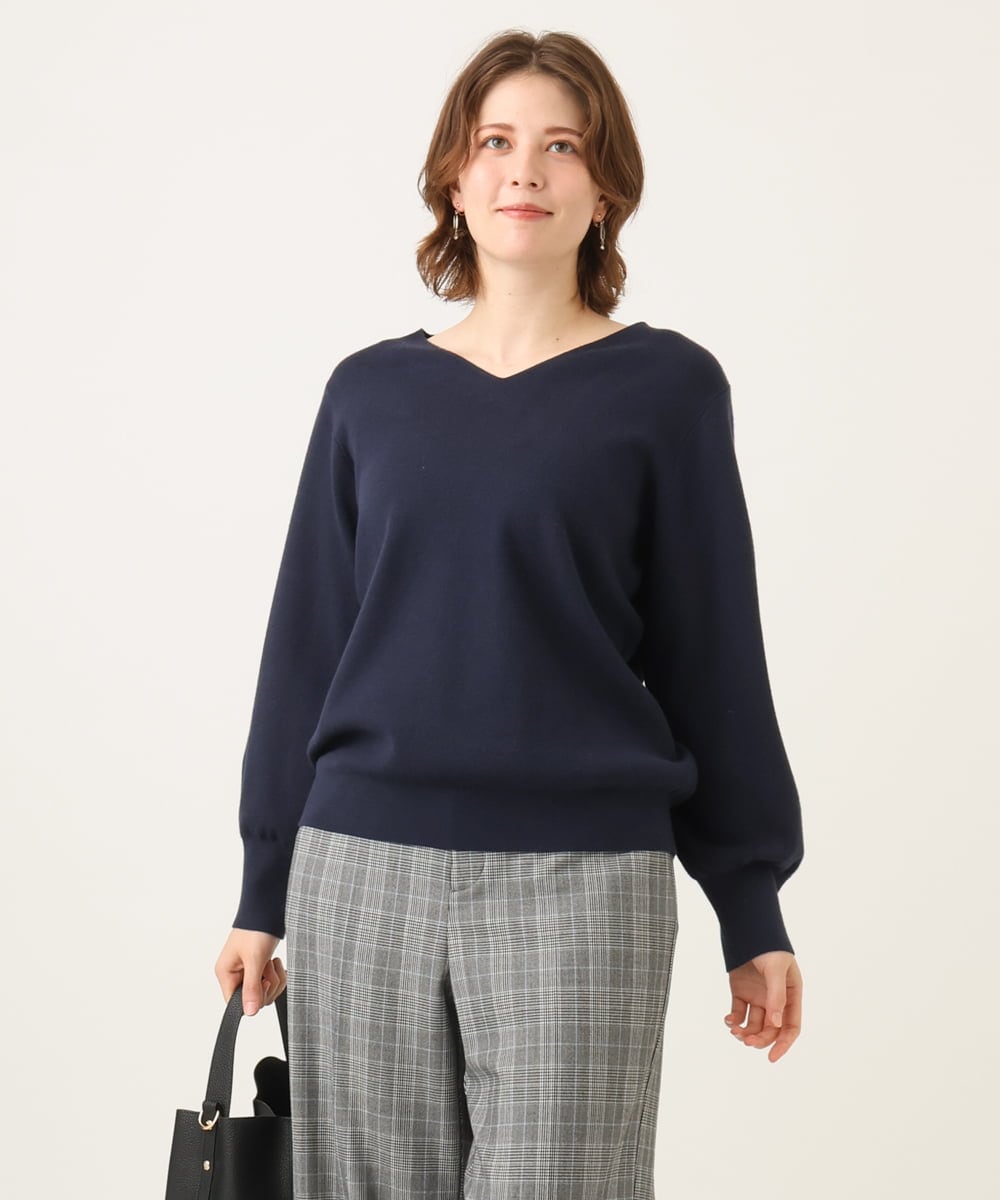 OLFLD02054 eur3(エウルキューブ) 【WEB先行販売】【大きいサイズ】パフスリーブVネックニット ネイビー(WEB限定カラー）