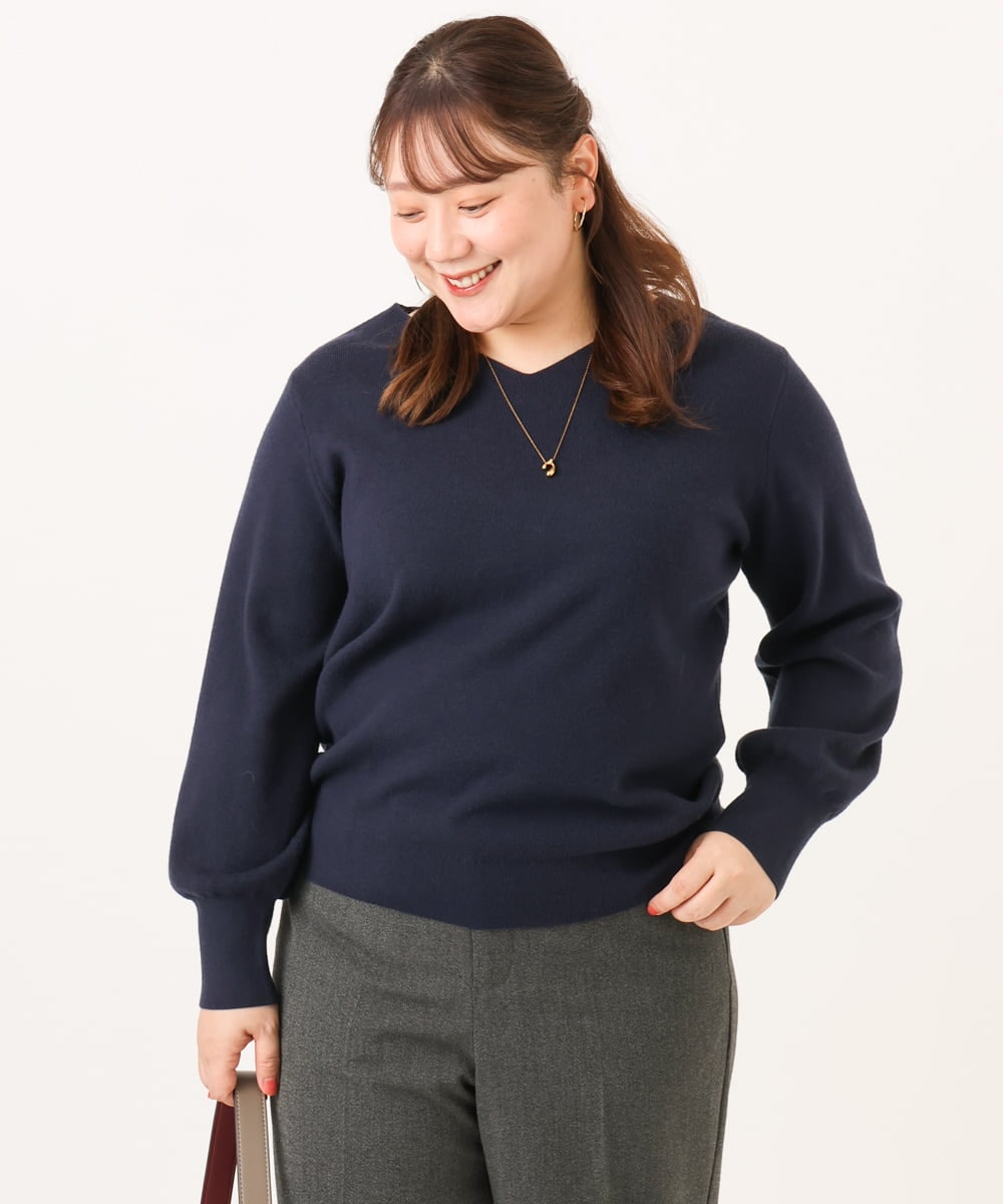 OLFLD02054 eur3(エウルキューブ) 【WEB先行販売】【大きいサイズ】パフスリーブVネックニット ネイビー(WEB限定カラー）