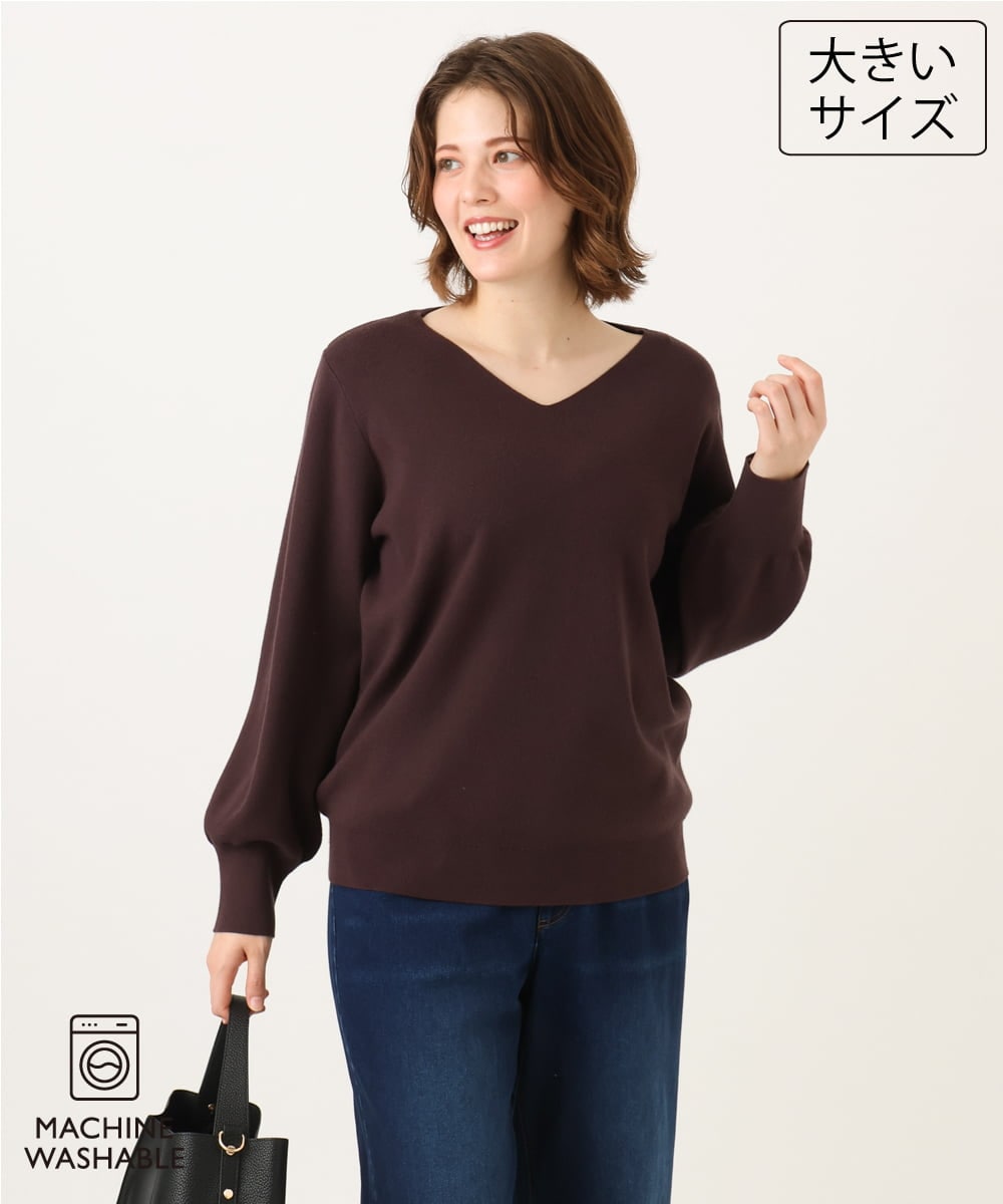 OLFLD02054 eur3(エウルキューブ) 【WEB先行販売】【大きいサイズ】パフスリーブVネックニット アイボリーブラック