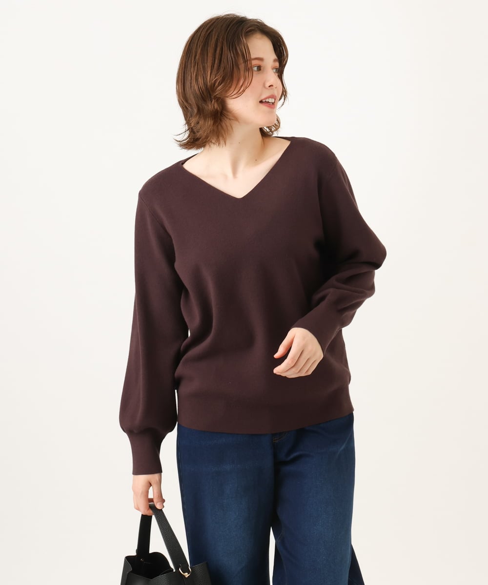 OLFLD02054 eur3(エウルキューブ) 【WEB先行販売】【大きいサイズ】パフスリーブVネックニット アイボリーブラック