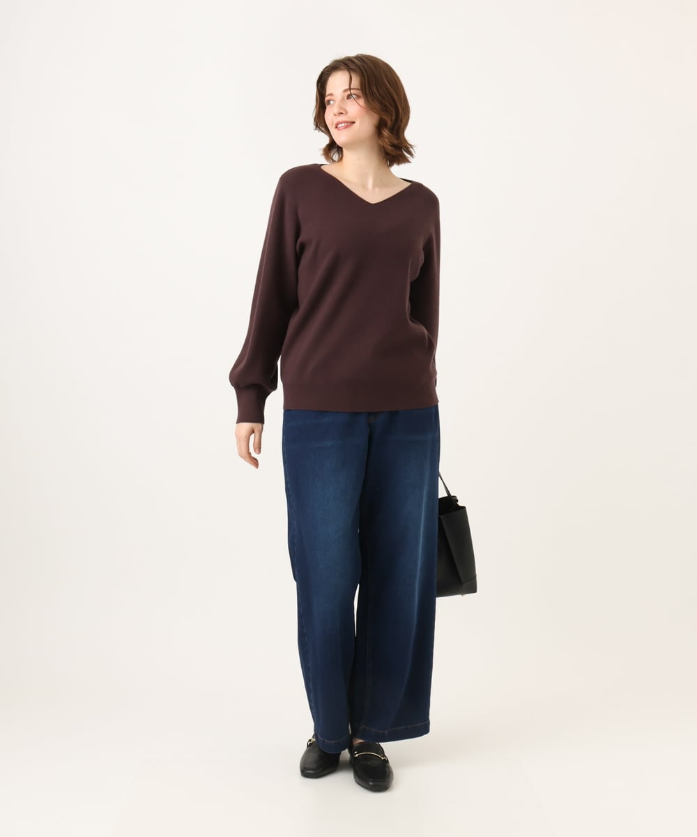 OLFLD02054 eur3(エウルキューブ) 【WEB先行販売】【大きいサイズ】パフスリーブVネックニット アイボリーブラック