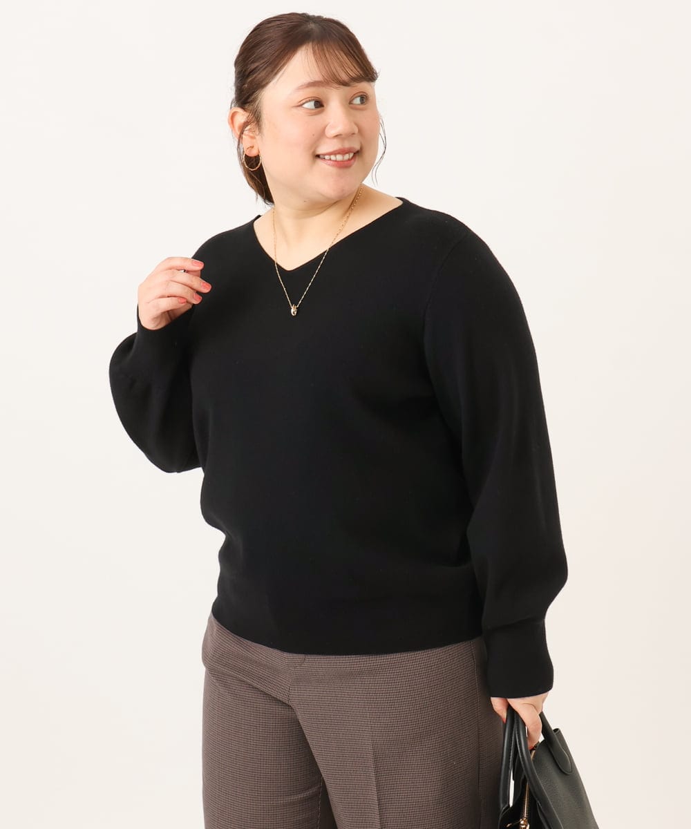 OLFLD02054 eur3(エウルキューブ) 【WEB先行販売】【大きいサイズ】パフスリーブVネックニット ブラック