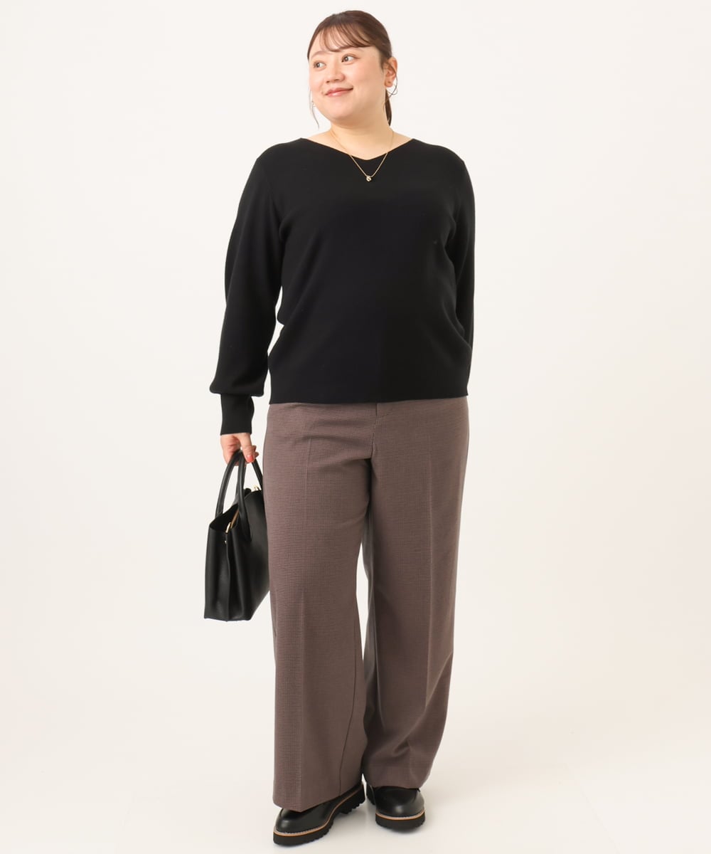 OLFLD02054 eur3(エウルキューブ) 【WEB先行販売】【大きいサイズ】パフスリーブVネックニット ブラック