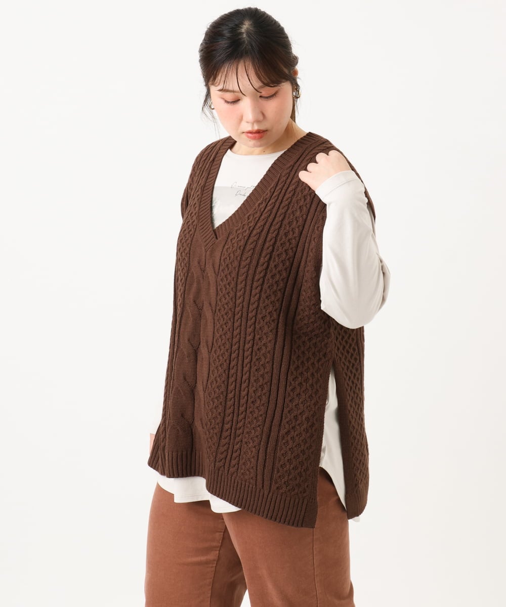 OLFLD06099 eur3(エウルキューブ) 【大きいサイズ】ケーブルニットベスト ダークブラウン