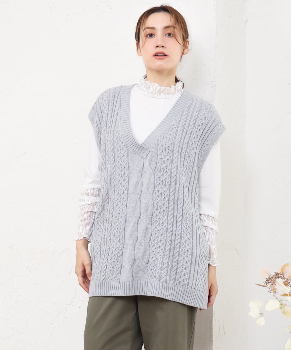 OLFLD06099 eur3(エウルキューブ) 【大きいサイズ】ケーブルニットベスト ライトグレー(九州/WEB限定）