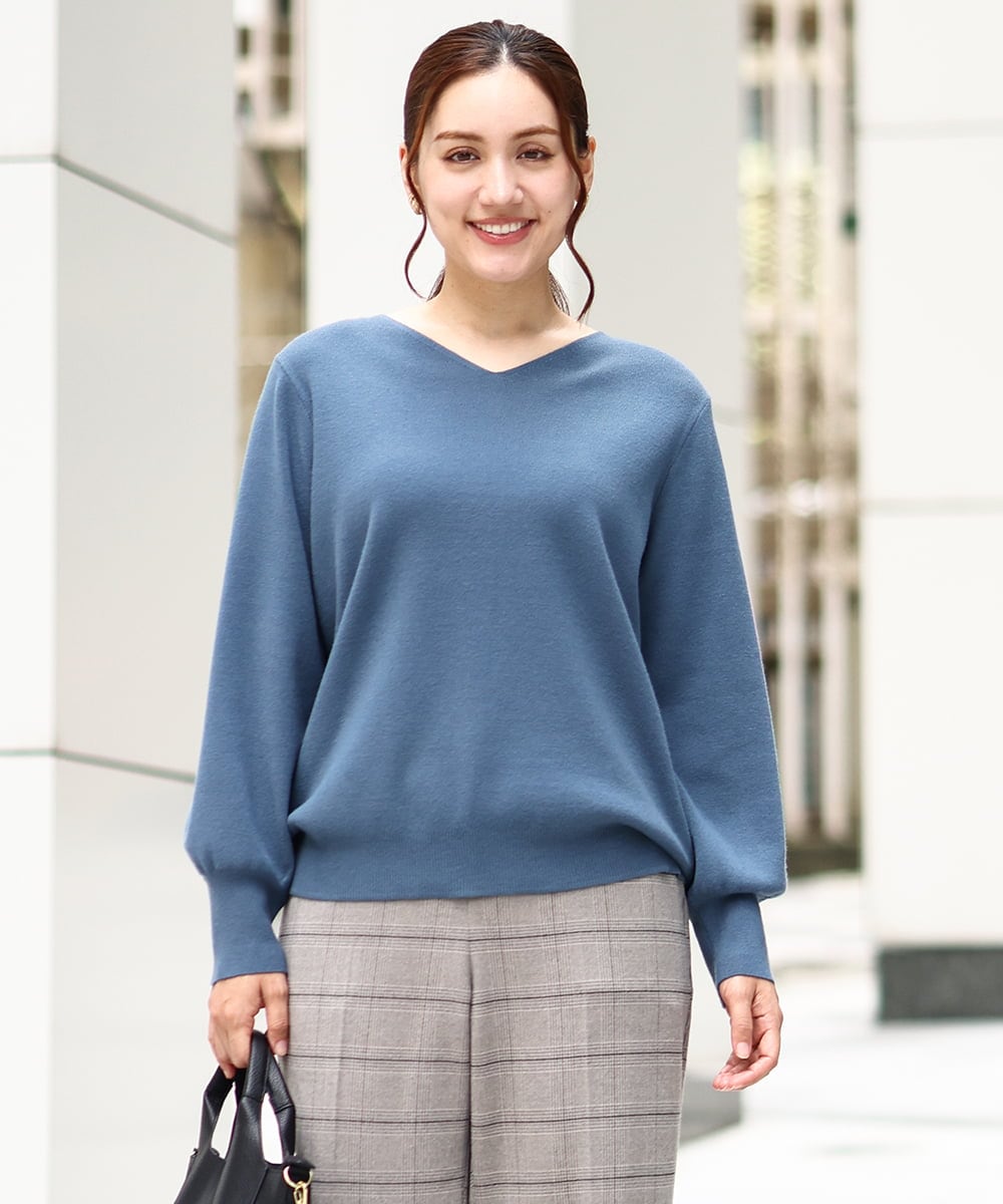 OLFLV12069 eur3(エウルキューブ) 【大きいサイズ】Vネックパフスリーブニット ブルー(55)