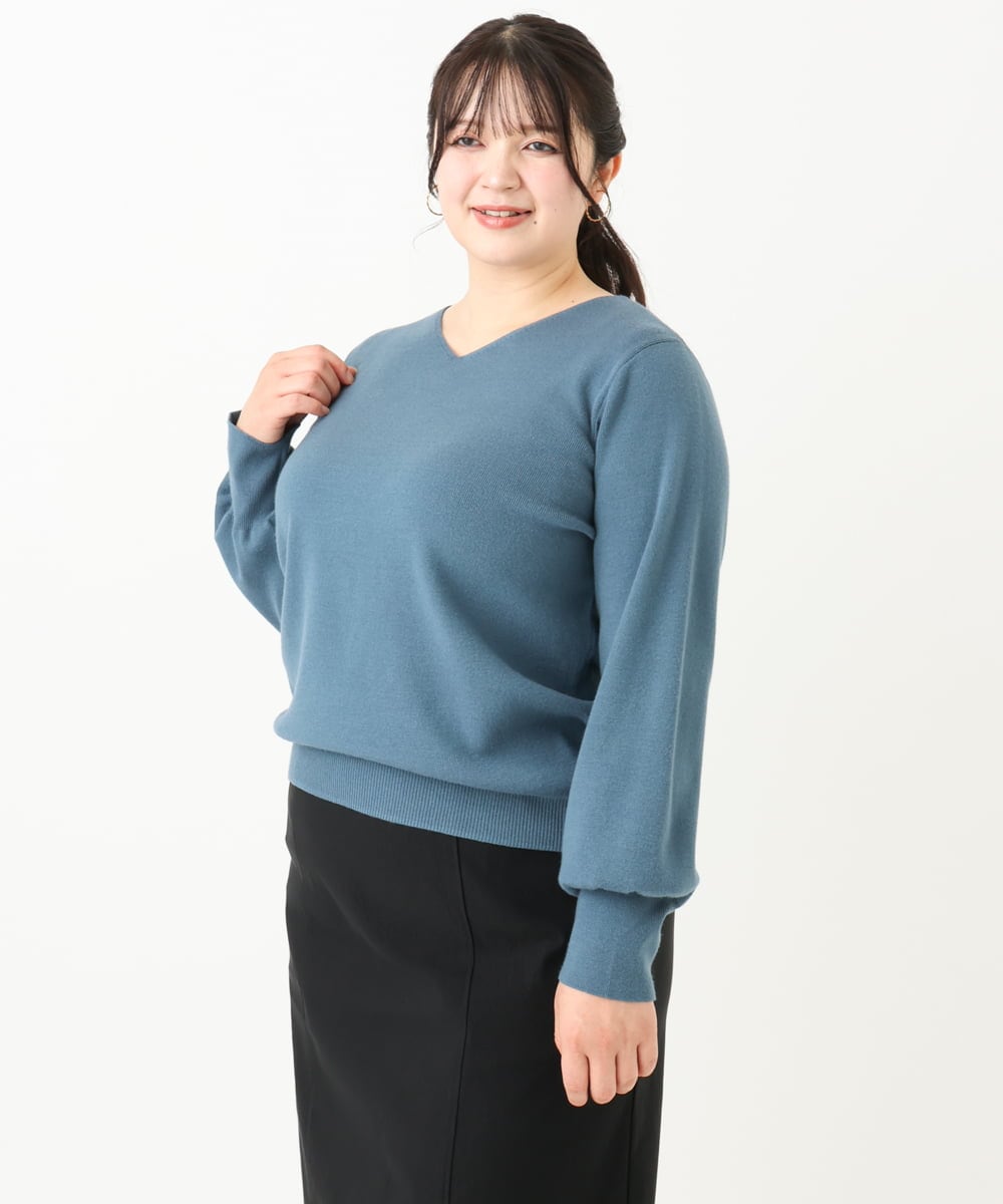 OLFLV12069 eur3(エウルキューブ) 【大きいサイズ】Vネックパフスリーブニット ブルー(55)