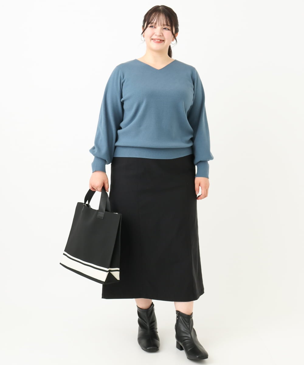 OLFLV12069 eur3(エウルキューブ) 【大きいサイズ】Vネックパフスリーブニット ブルー(55)