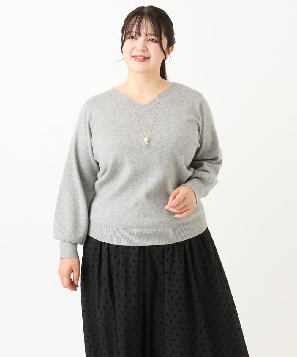 OLFLV12069 eur3(エウルキューブ) 【大きいサイズ】Vネックパフスリーブニット グレー(92)