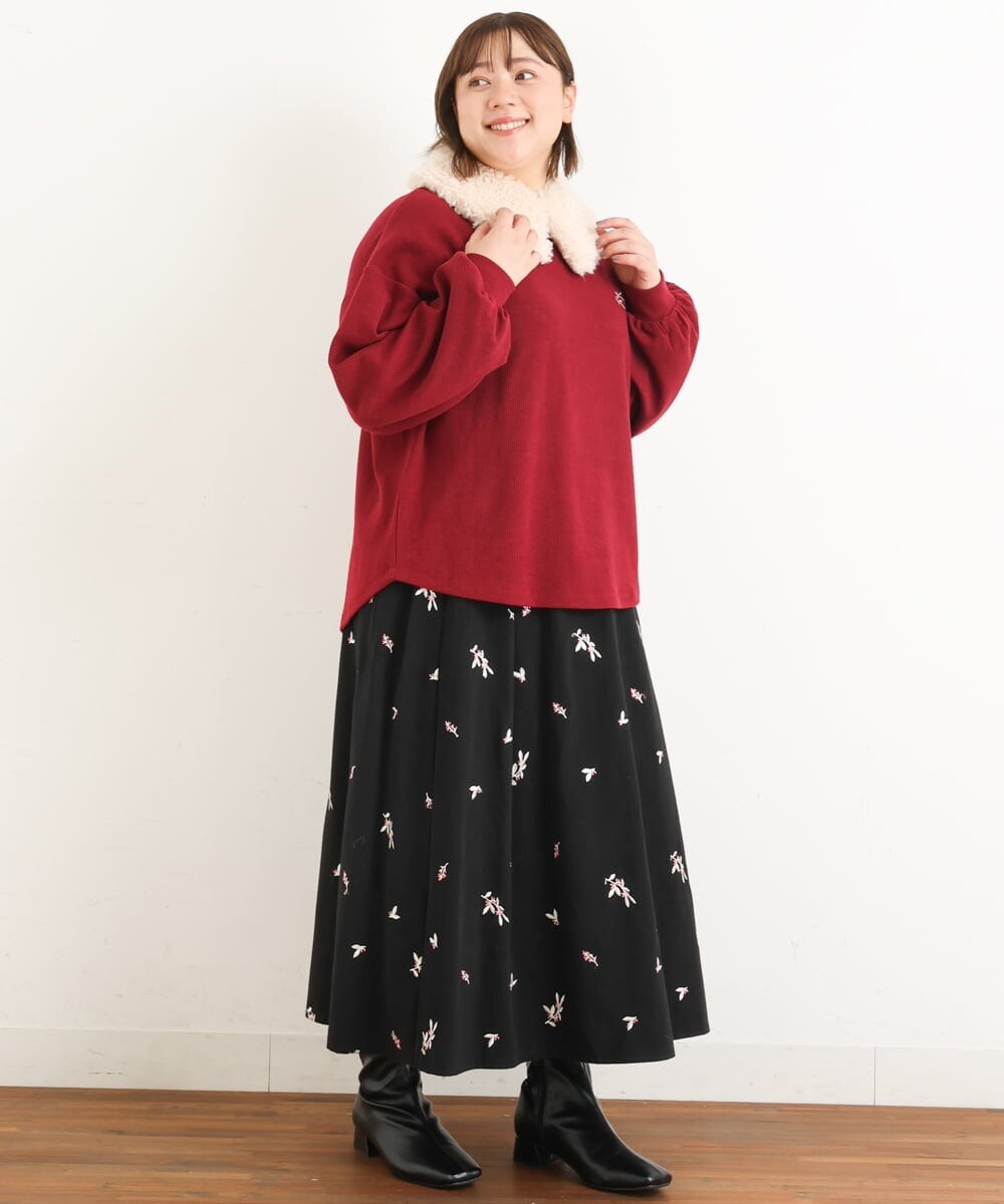 OLHAS15110 eur3(エウルキューブ) 【大きいサイズ/soso×eur3】リーフ刺繍スカート ブラック(94)