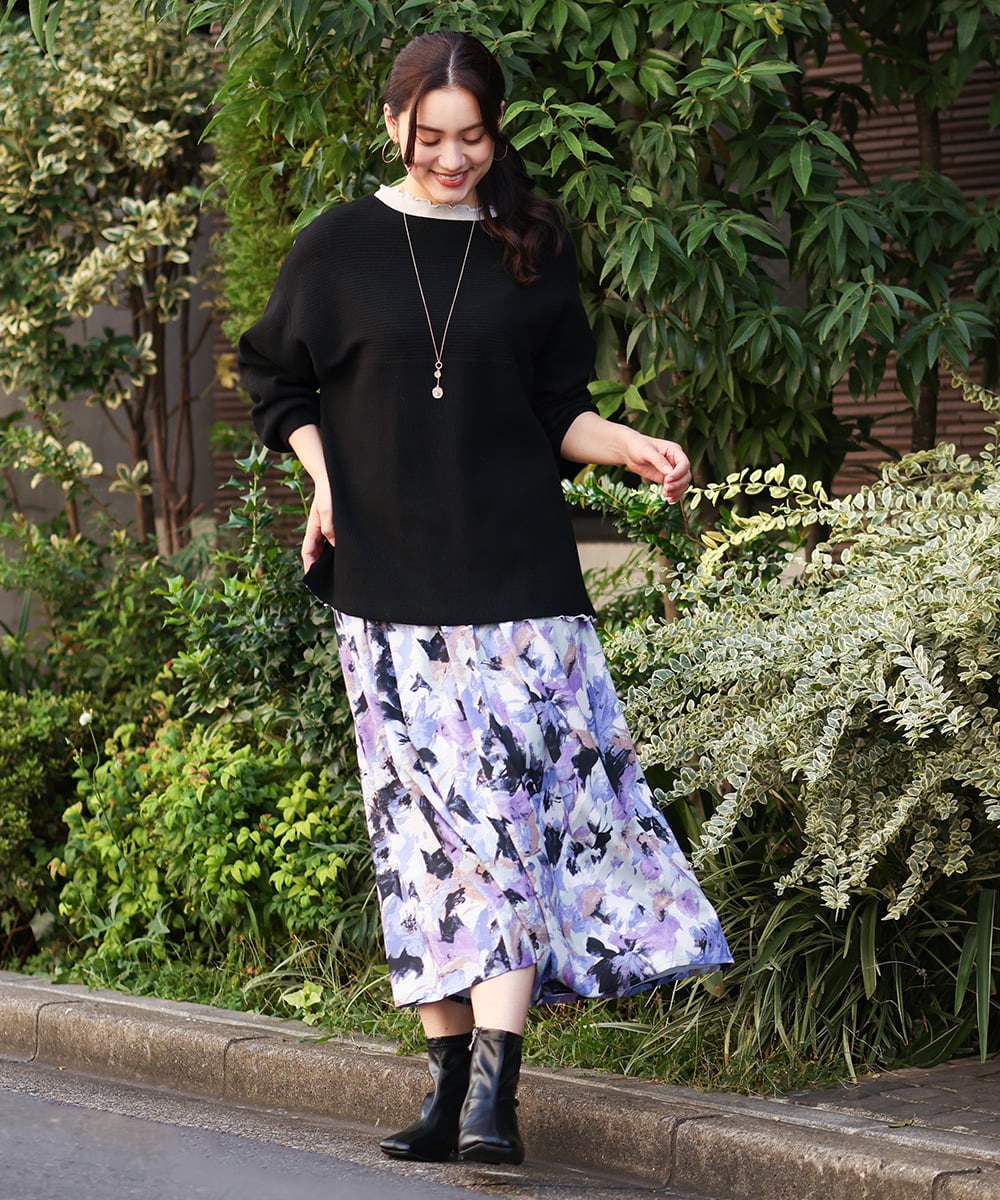 OLHAV15129 eur3(エウルキューブ) 【大きいサイズ】ペイントフラワープリントスカート ネイビー(57)