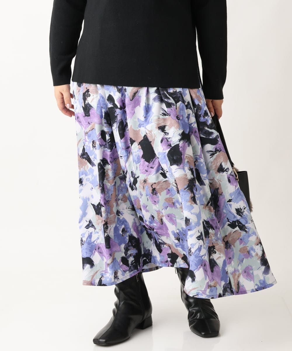 OLHAV15129 eur3(エウルキューブ) 【大きいサイズ】ペイントフラワープリントスカート ネイビー(57)