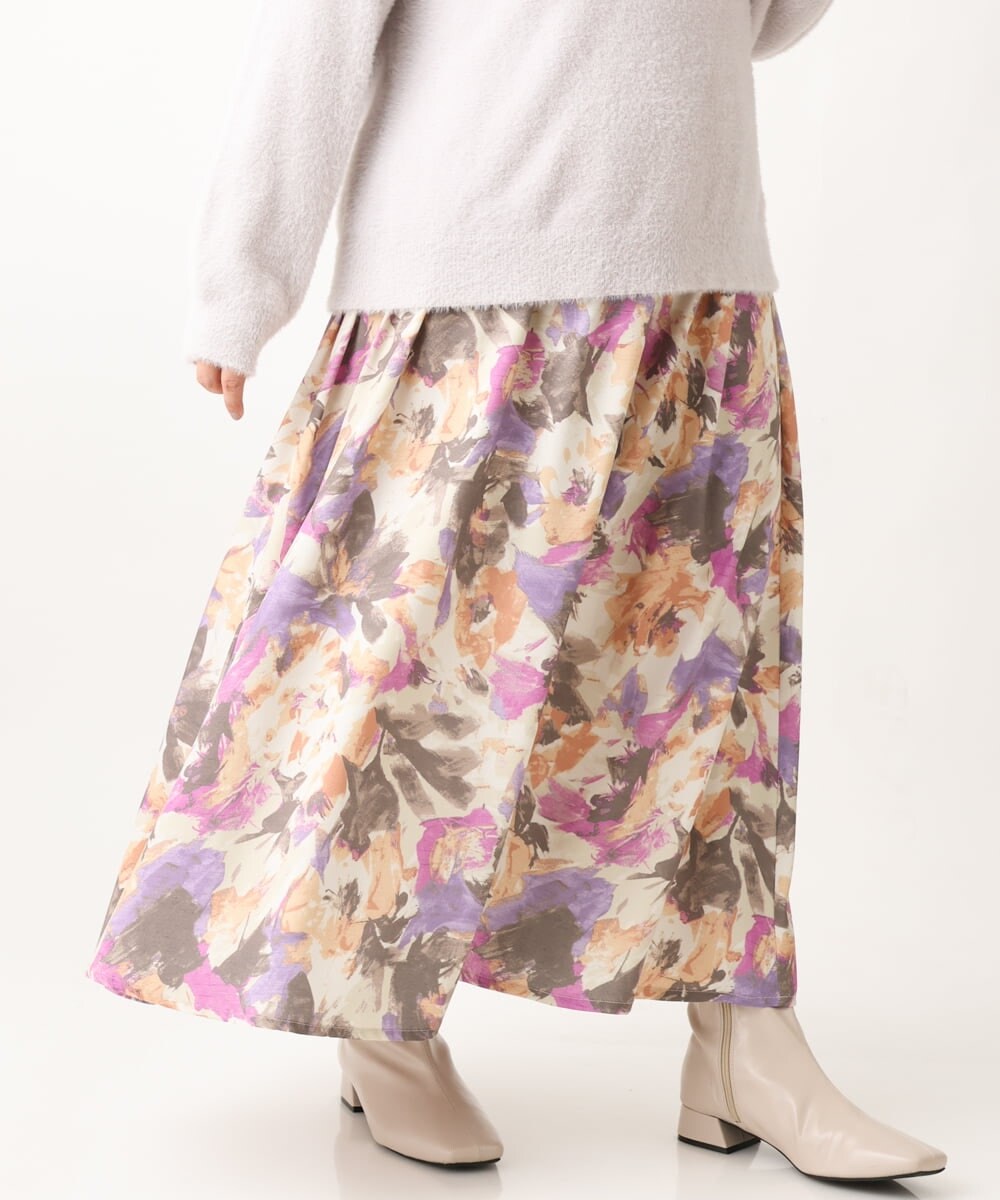 OLHAV15129 eur3(エウルキューブ) 【大きいサイズ】ペイントフラワープリントスカート ベージュ(82)