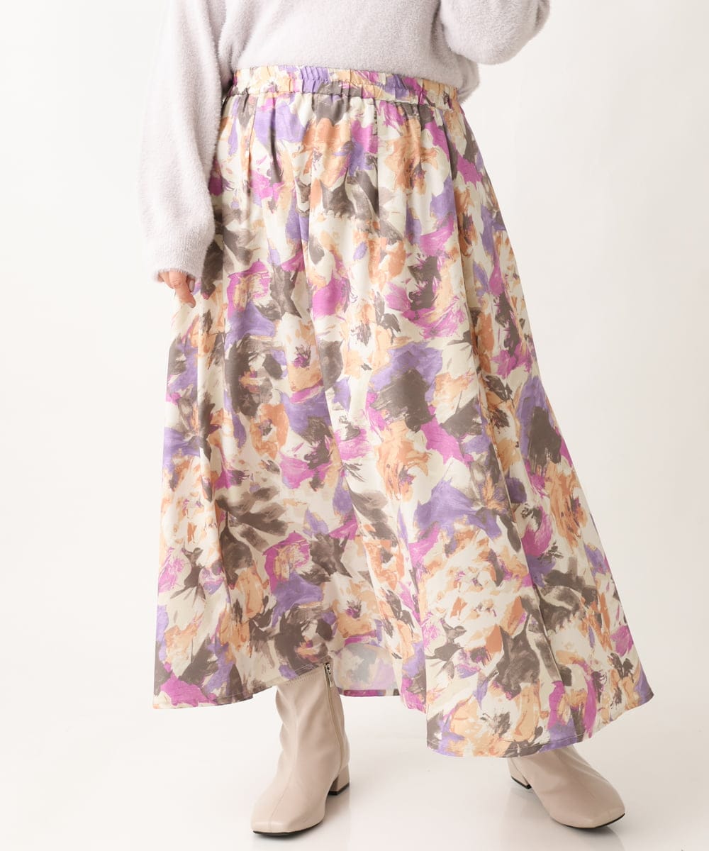 OLHAV15129 eur3(エウルキューブ) 【大きいサイズ】ペイントフラワープリントスカート ベージュ(82)