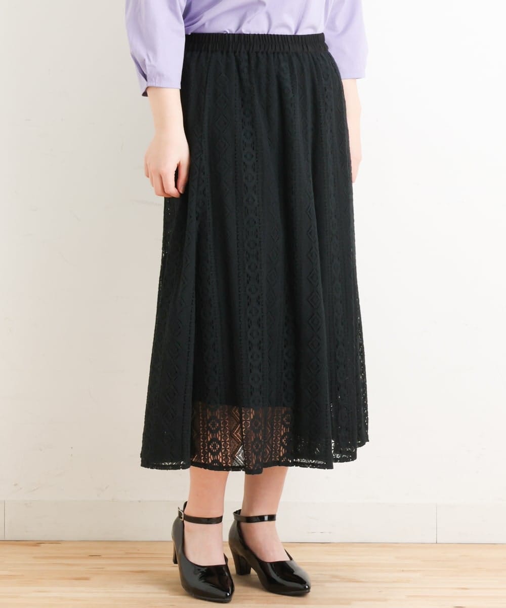 OLHES03120 eur3(エウルキューブ) 【大きいサイズ】幾何学柄レーススカート ブラック(94)