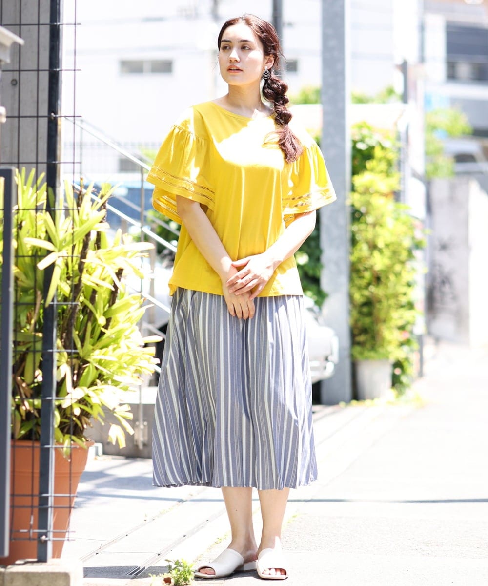 OLHHP14090 eur3(エウルキューブ) 【大きいサイズ】ストライププリーツスカート ブルー(55)