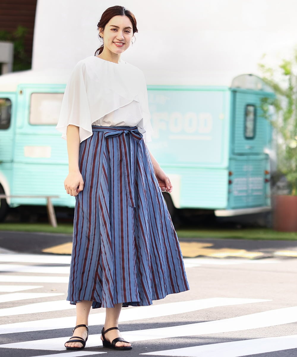 OLHHV16089 eur3(エウルキューブ) 【大きいサイズ/洗える/a.v.v×eur3】ドビーストライプフレアスカート ブルー(55)