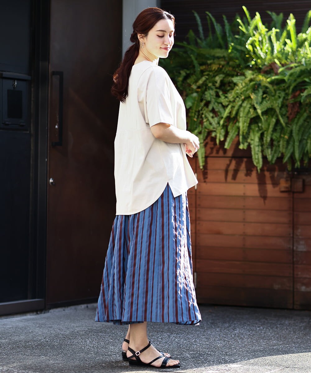 OLHHV16089 eur3(エウルキューブ) 【大きいサイズ/洗える/a.v.v×eur3】ドビーストライプフレアスカート ブルー(55)