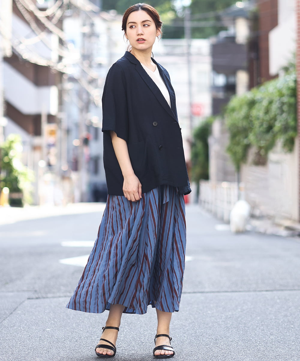 OLHHV16089 eur3(エウルキューブ) 【大きいサイズ/洗える/a.v.v×eur3】ドビーストライプフレアスカート ブルー(55)