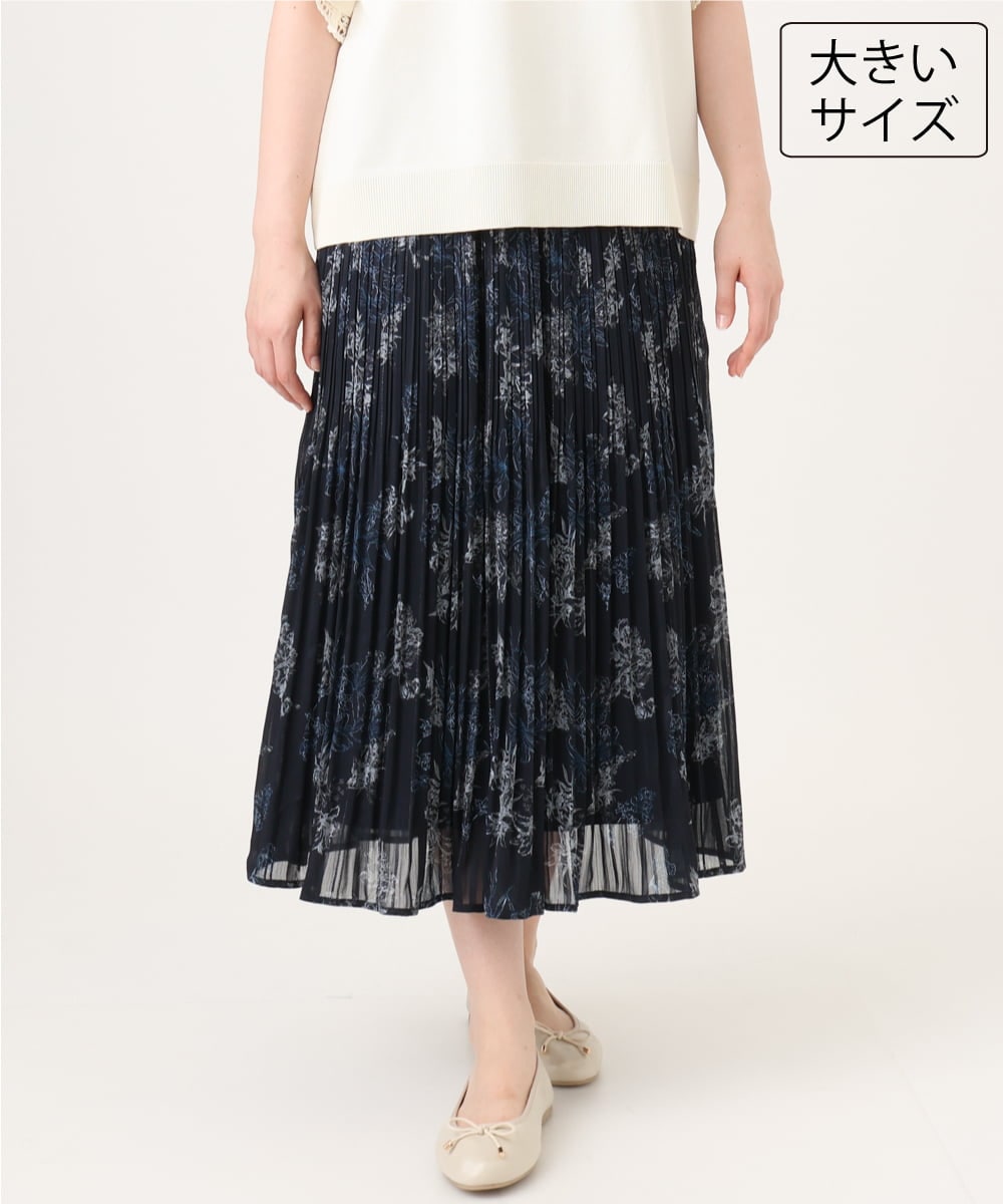 OLHID11089 eur3(エウルキューブ) 【WEB先行販売】【大きいサイズ/a.v.v×eur3/洗える】フラワープリントランダムプリーツスカート ネイビー