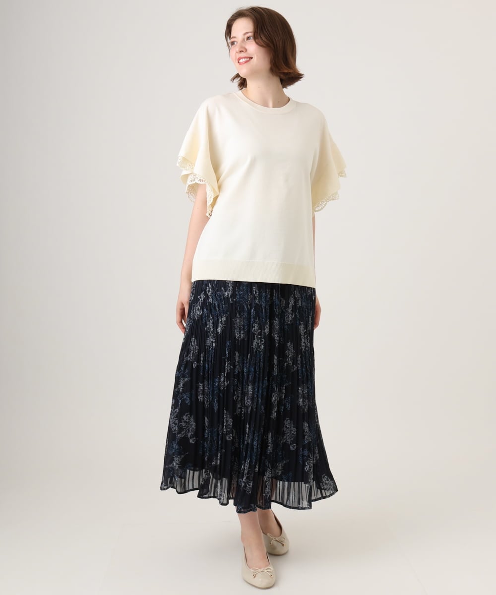 OLHID11089 eur3(エウルキューブ) 【WEB先行販売】【大きいサイズ/a.v.v×eur3/洗える】フラワープリントランダムプリーツスカート ネイビー