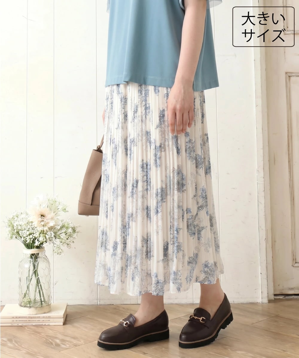 OLHID11089 eur3(エウルキューブ) 【WEB先行販売】【大きいサイズ/a.v.v×eur3/洗える】フラワープリントランダムプリーツスカート ベージュ