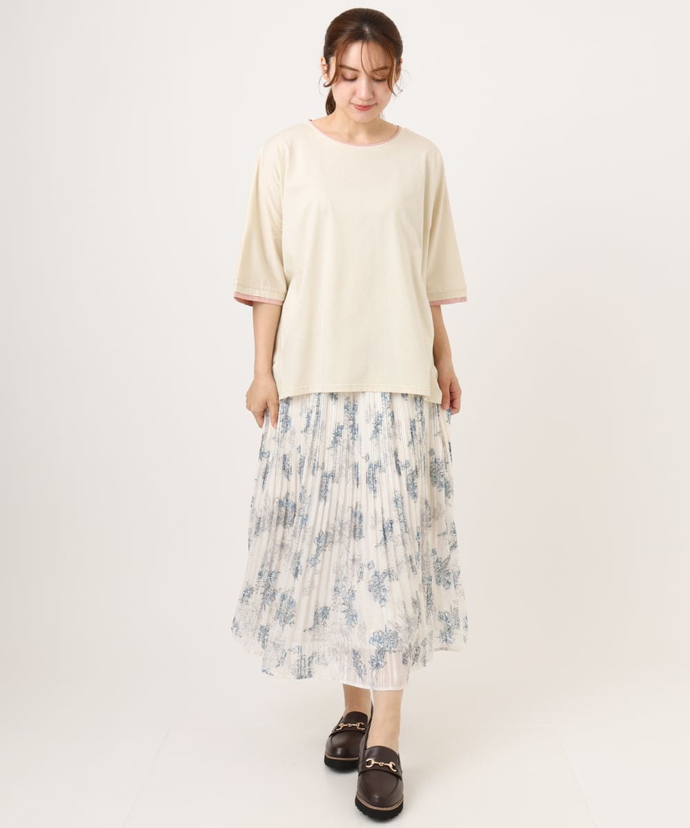 OLHID11089 eur3(エウルキューブ) 【大きいサイズ/a.v.v×eur3/洗える】フラワープリントランダムプリーツスカート ベージュ