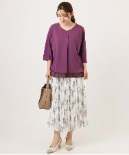 OLHID11089 eur3(エウルキューブ) 【大きいサイズ/a.v.v×eur3/洗える】フラワープリントランダムプリーツスカート ベージュ