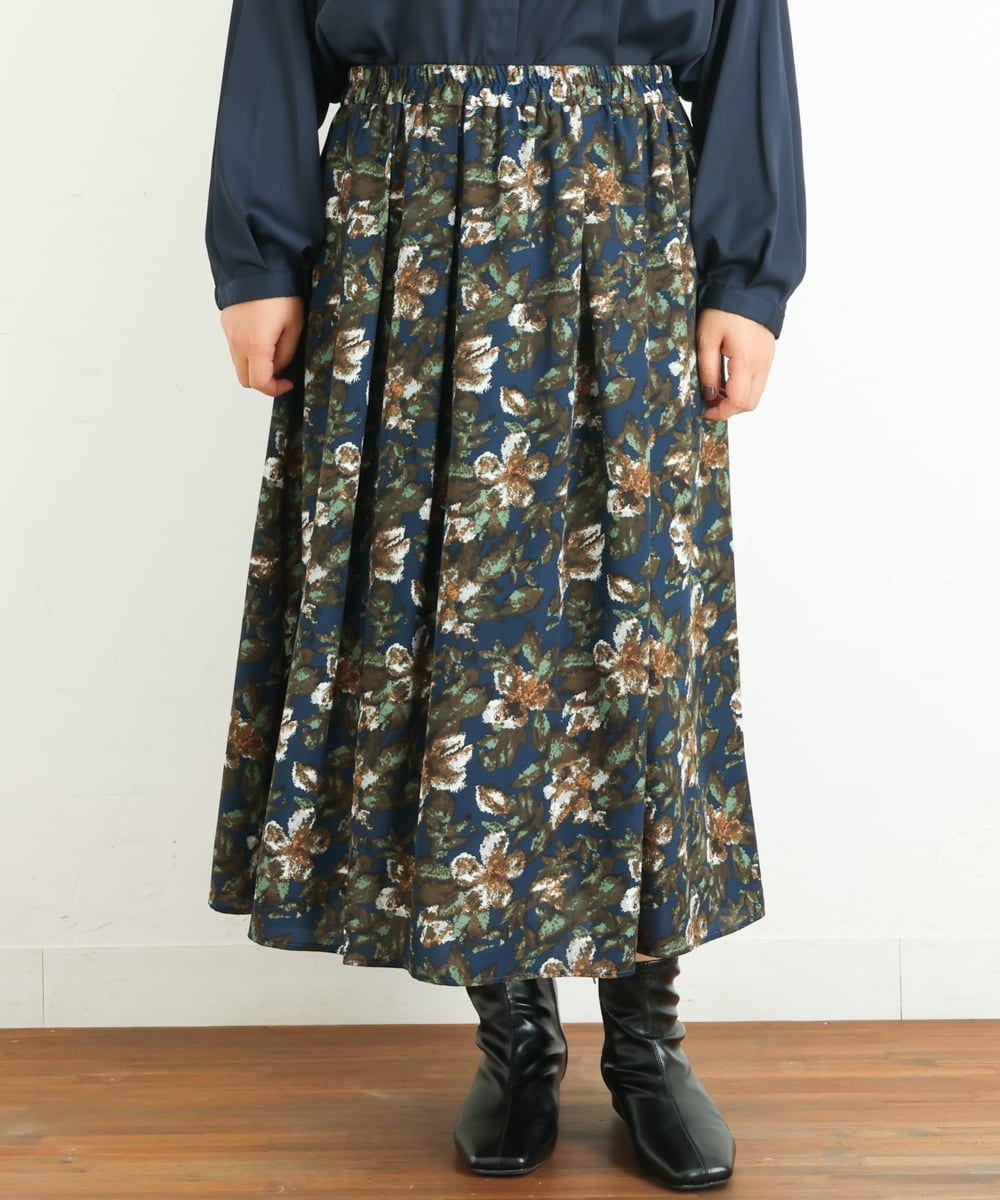 OLHLP06110 eur3(エウルキューブ) 【雑誌掲載】【大きいサイズ】レトロフラワープリントスカート ネイビー(57)