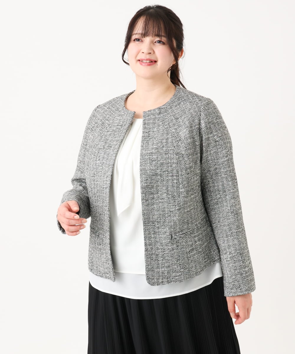 OLJBA03239 eur3(エウルキューブ) 【大きいサイズ/11号サイズあり/B-move JK】ノーカラーツイードジャケット ダークグレー(93)