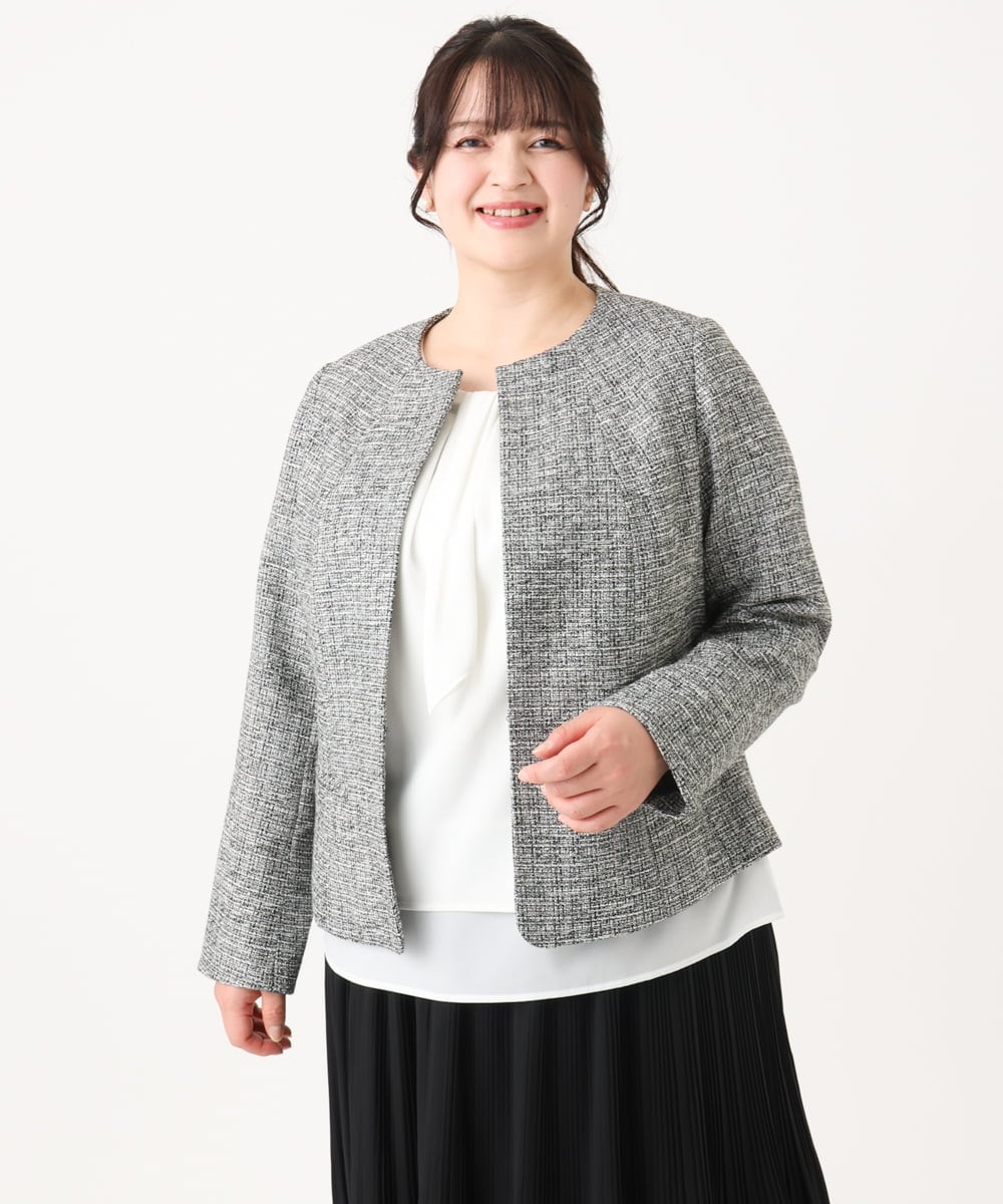 OLJBA03239 eur3(エウルキューブ) 【大きいサイズ/11号サイズあり/B-move JK】ノーカラーツイードジャケット ダークグレー(93)