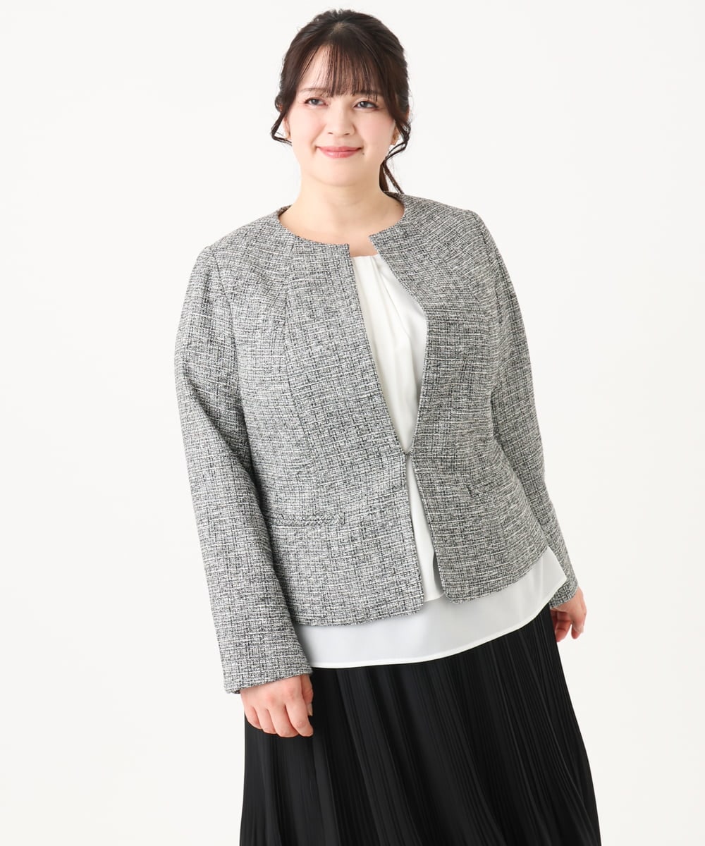 OLJBA03239 eur3(エウルキューブ) 【大きいサイズ/11号サイズあり/B-move JK】ノーカラーツイードジャケット ダークグレー(93)