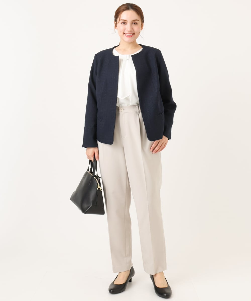 OLJBD10239 eur3(エウルキューブ) 【大きいサイズ】ノーカラーツイードジャケット ネイビー(57)